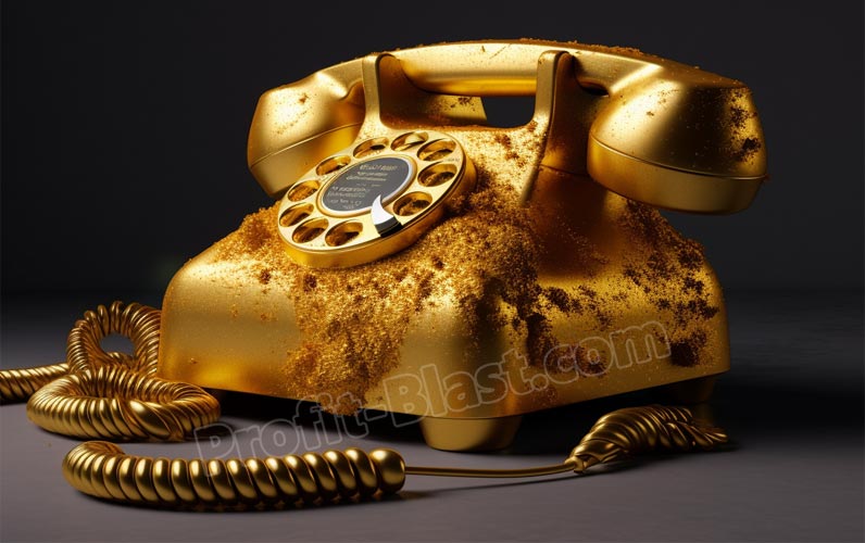 Telefone com fio clássico dourado sobre fundo escuro