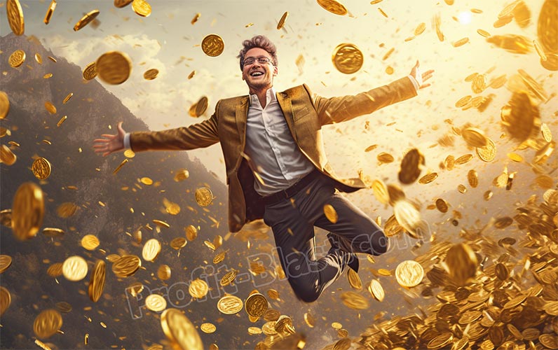 homem feliz a saltar para moedas de ouro