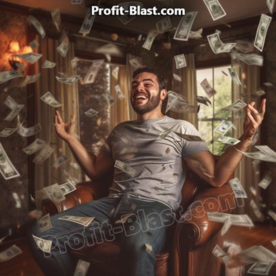om fericit stând în camera lui cu bancnote de dolari ploaie