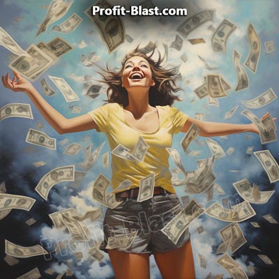 happy woman with raining dollar bills