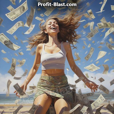 Счастливая женщина в лучах солнца и дождя из долларовых купюр