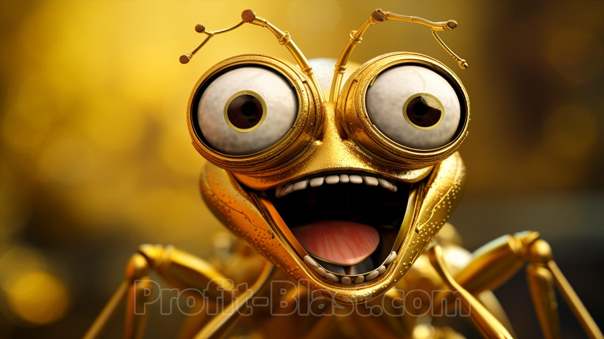 golden comic style bug with teeth and huge eyes laughing
