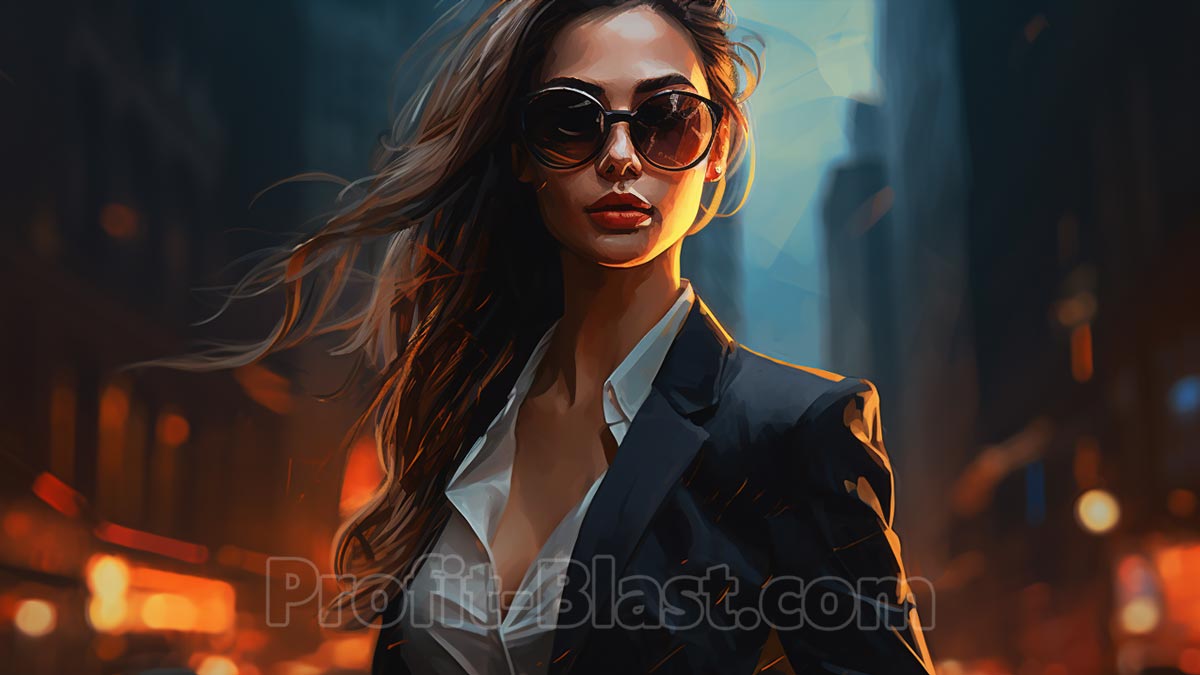 Geschäftsfrau mit Sonnenbrille bei Nacht
