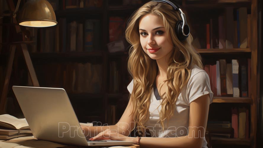 nuori nainen kannettavan tietokoneen ja kuulokkeiden kanssa hymyilee