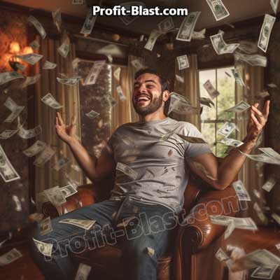 homem feliz sentado em seu quarto com notas de dólar voando