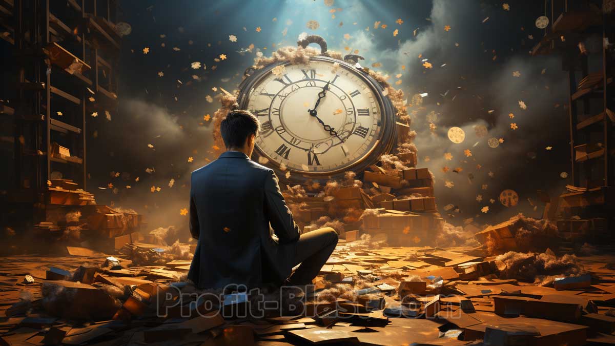man with lots of stuff around him, sitting in front of huge clock