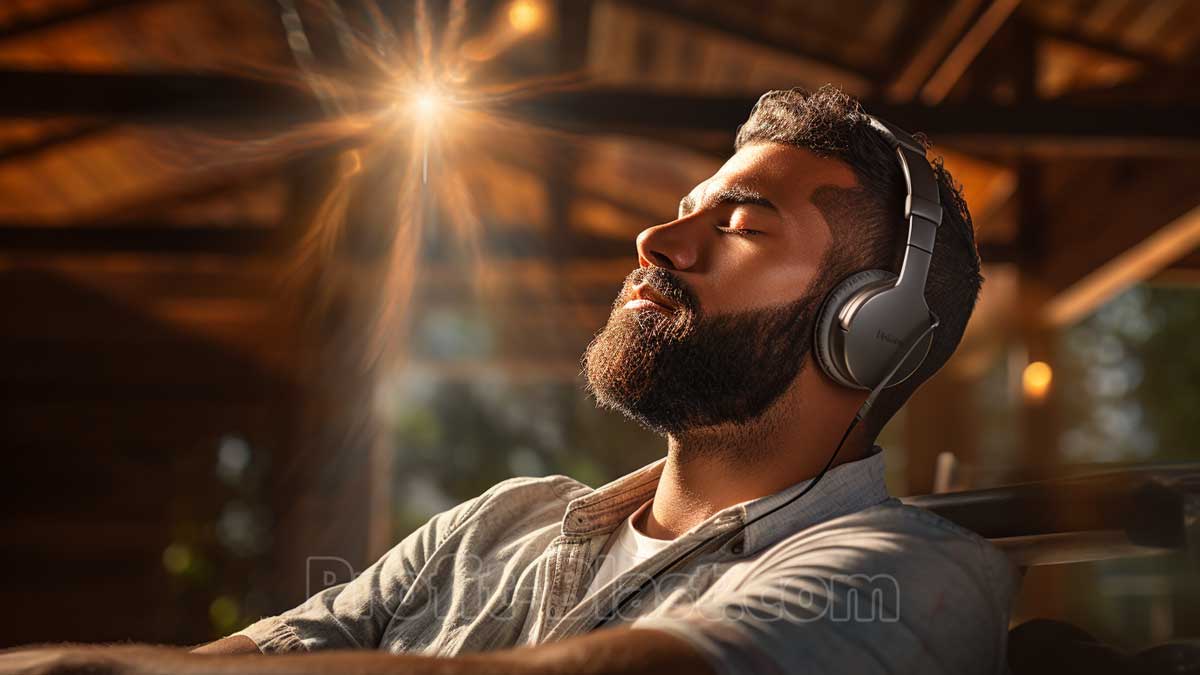 Homme barbu se relaxant avec des écouteurs