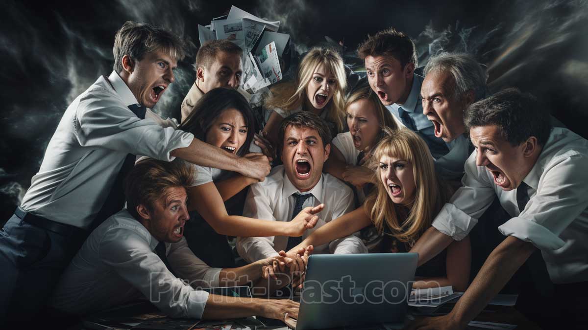 11 angry bureau workers shouting in front of laptop