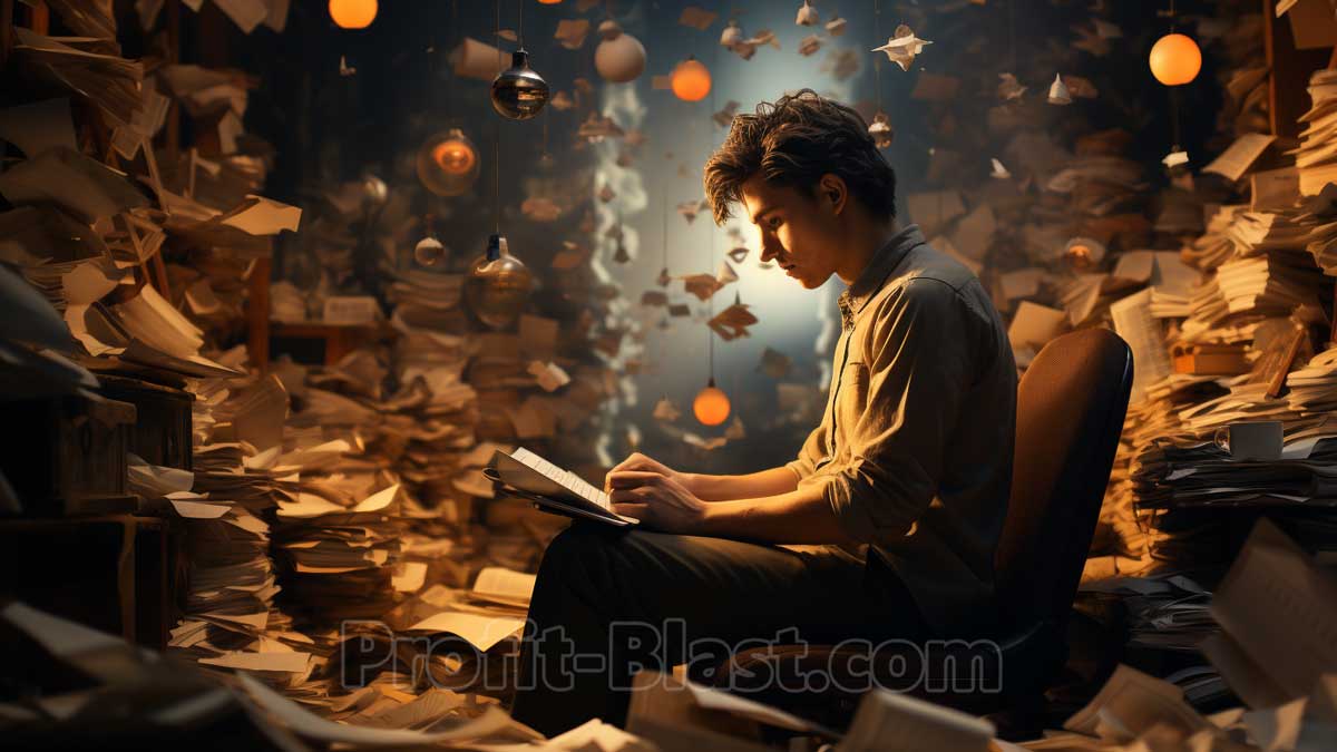 muž pracuje ve velké místnosti plné papírů a knih s lampami v pozadí