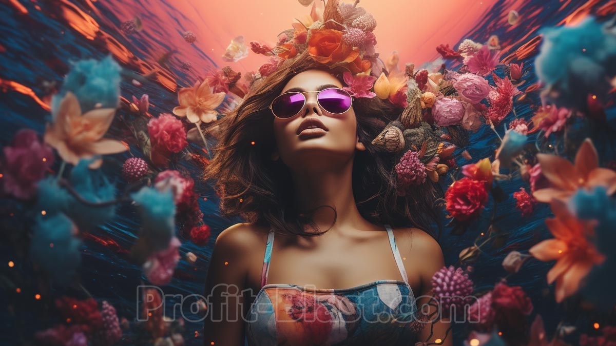 schöne junge Frau mit Sonnenbrille und vielen Blumen