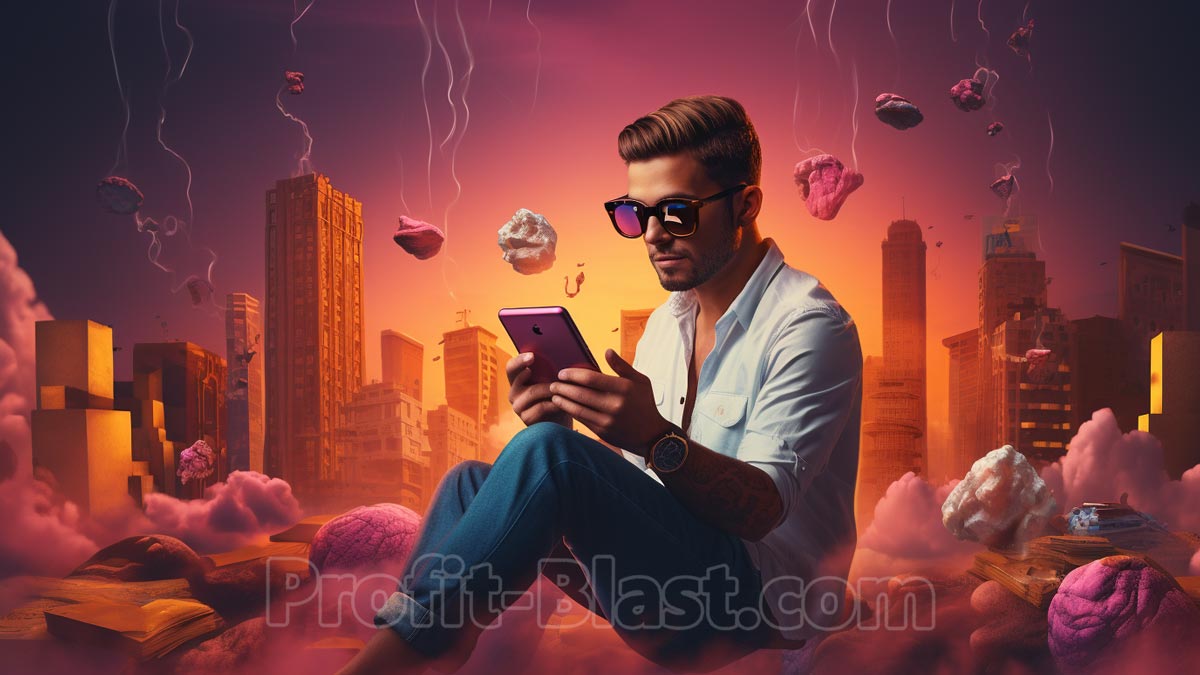 Uomo con occhiali da sole seduto all'aperto con il cellulare. Pietre che cadono dal cielo