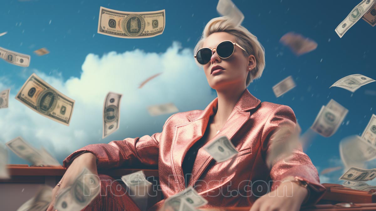 Coole Frau mit Sonnenbrille, die draußen sitzt, während es Dollarnoten regnet