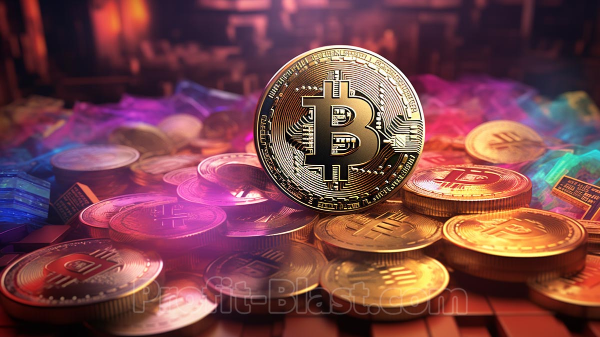 Bitcoin em cima de muitas outras moedas com iluminação colorida