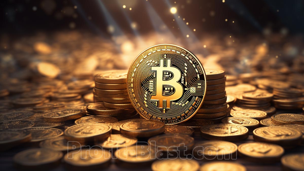 Bitcoin em cima de muitas outras moedas com brilho agradável