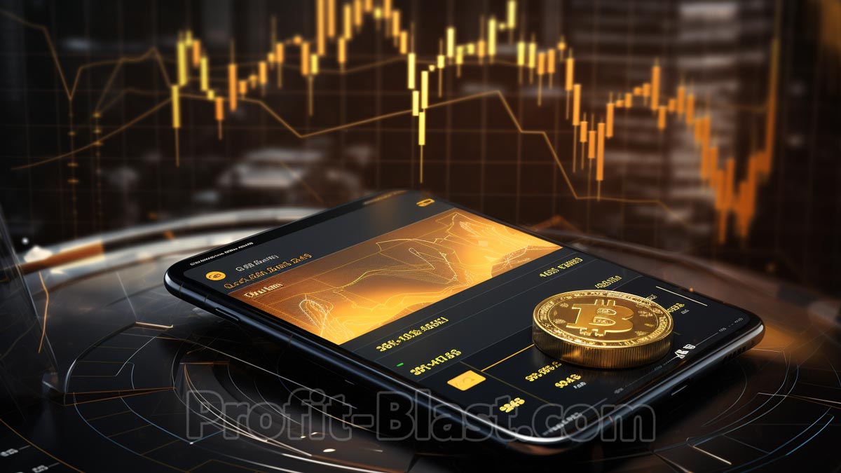 Smartphone mit Trading-App und Bitcoin oben drauf - Chart im Hintergrund