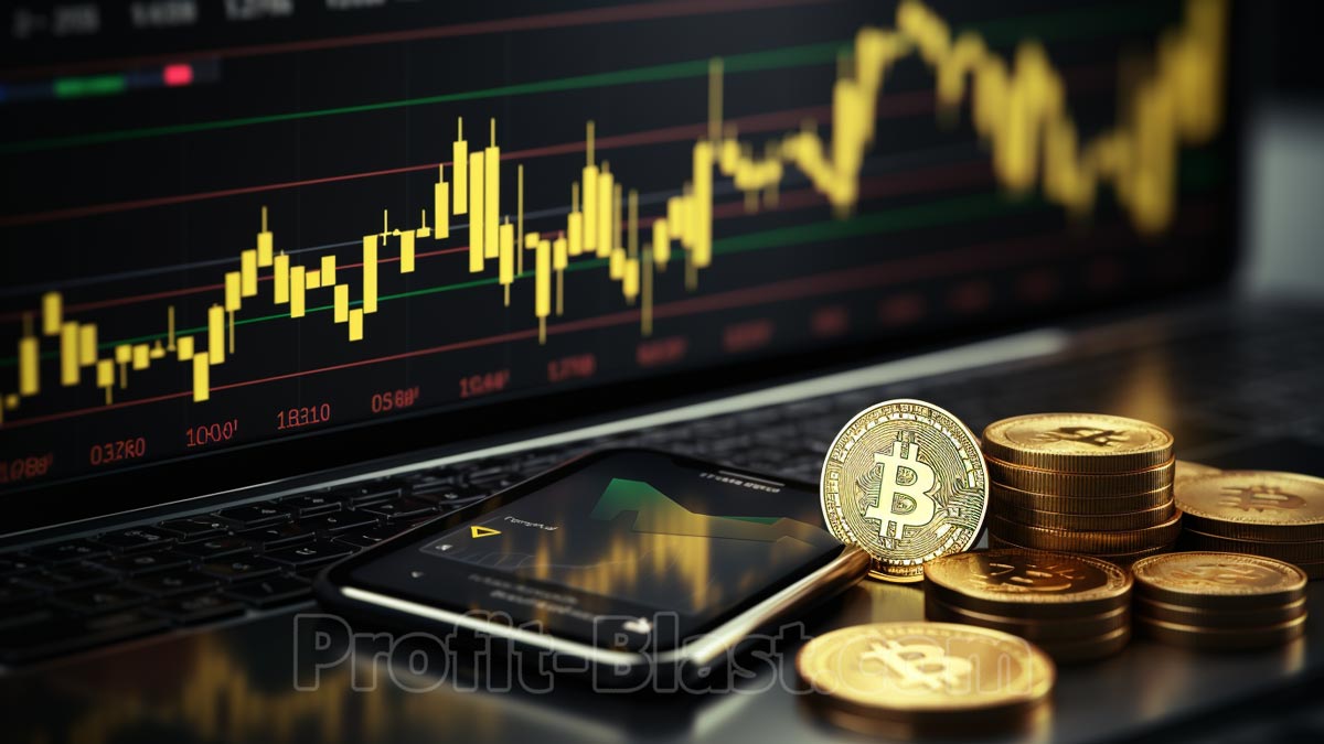 mobile phone with bitcoins next to it and stock chart in background