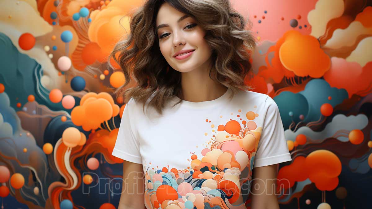 Menina com camiseta colorida em frente a um fundo colorido