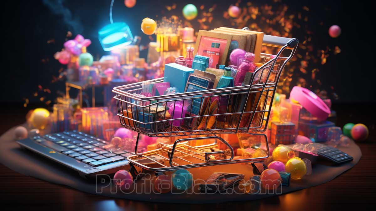 fully packed shopping cart in front of laptop