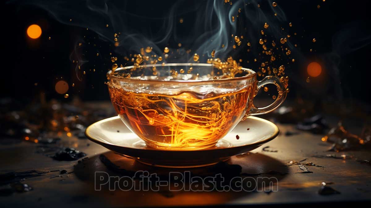 illuminated glass cup of steaming tea on saucer with bubbles