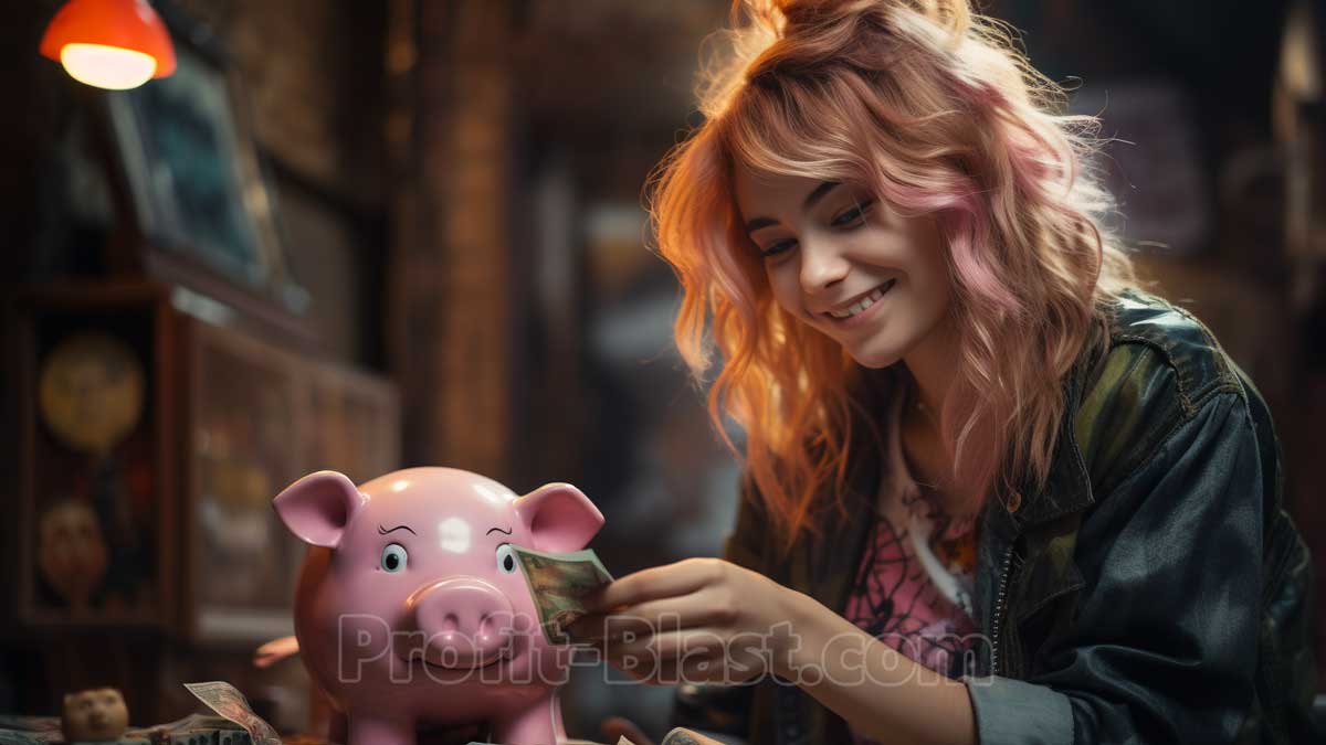 smiling woman feeding piggybank with dollar bill