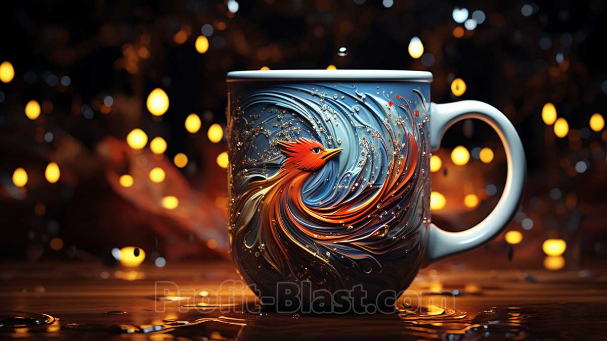 stylish blue cup with phoenix 3D print