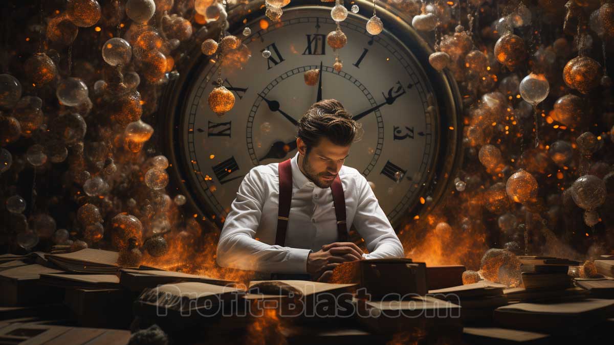 guy sitting focused at desk with loads of work in front of him and giant clock in background