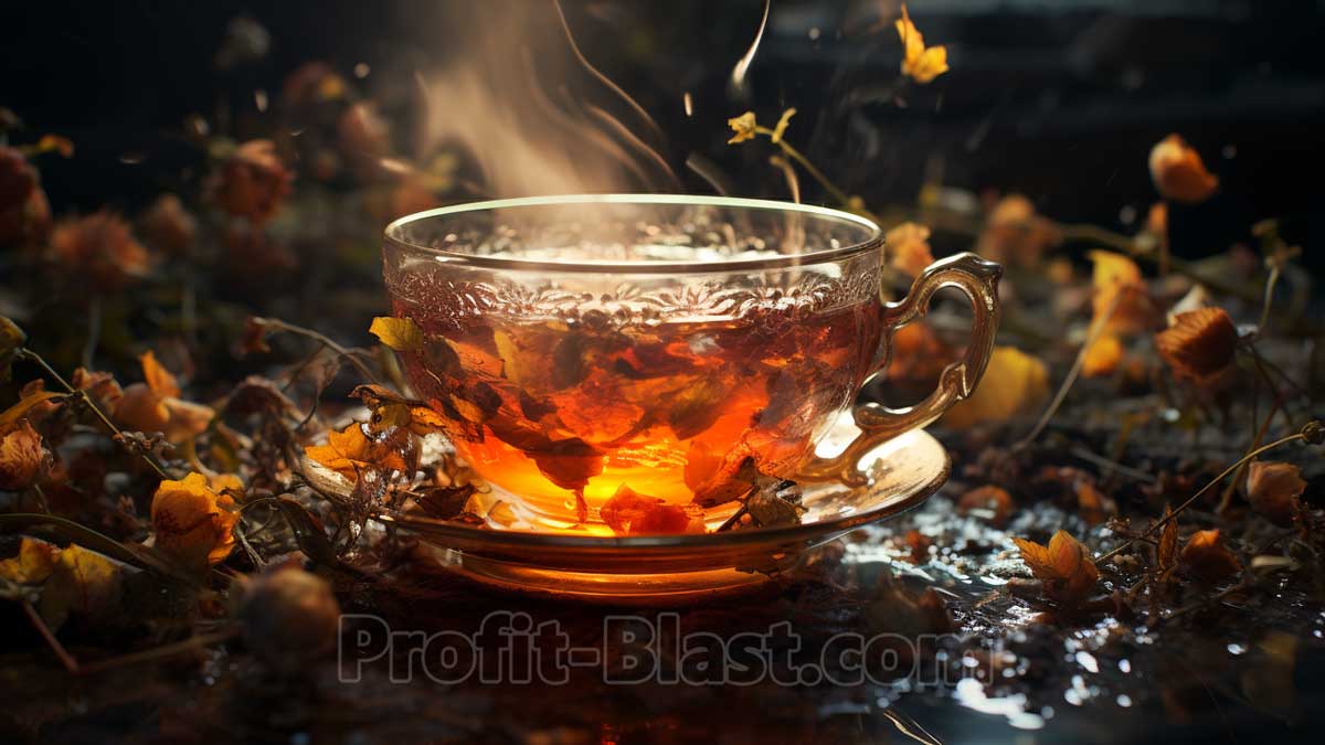 illuminated glass cup of steaming tea on saucer with tea leaves