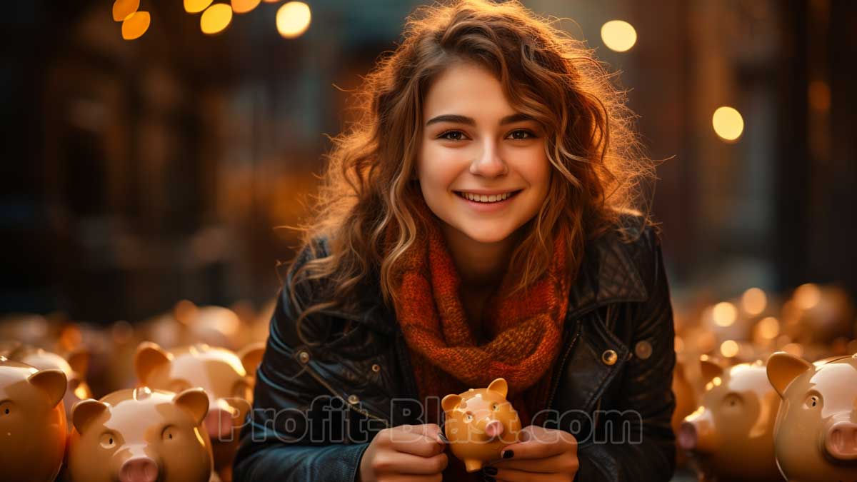 smiling woman holding piggybank with many piggybanks in background
