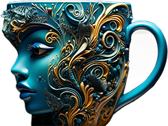 modrý hrnček s 3D potlačou ženskej tváre a rozkvitnutým dizajnom