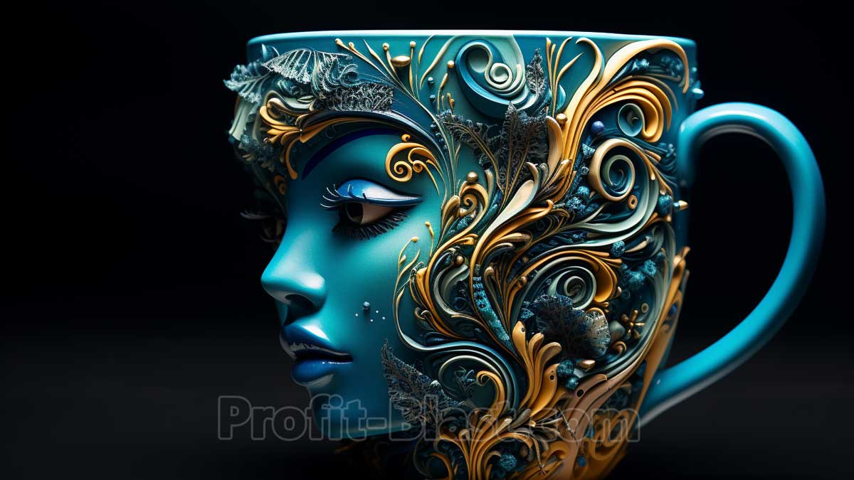 blue mug with female face 3D print and flourish design