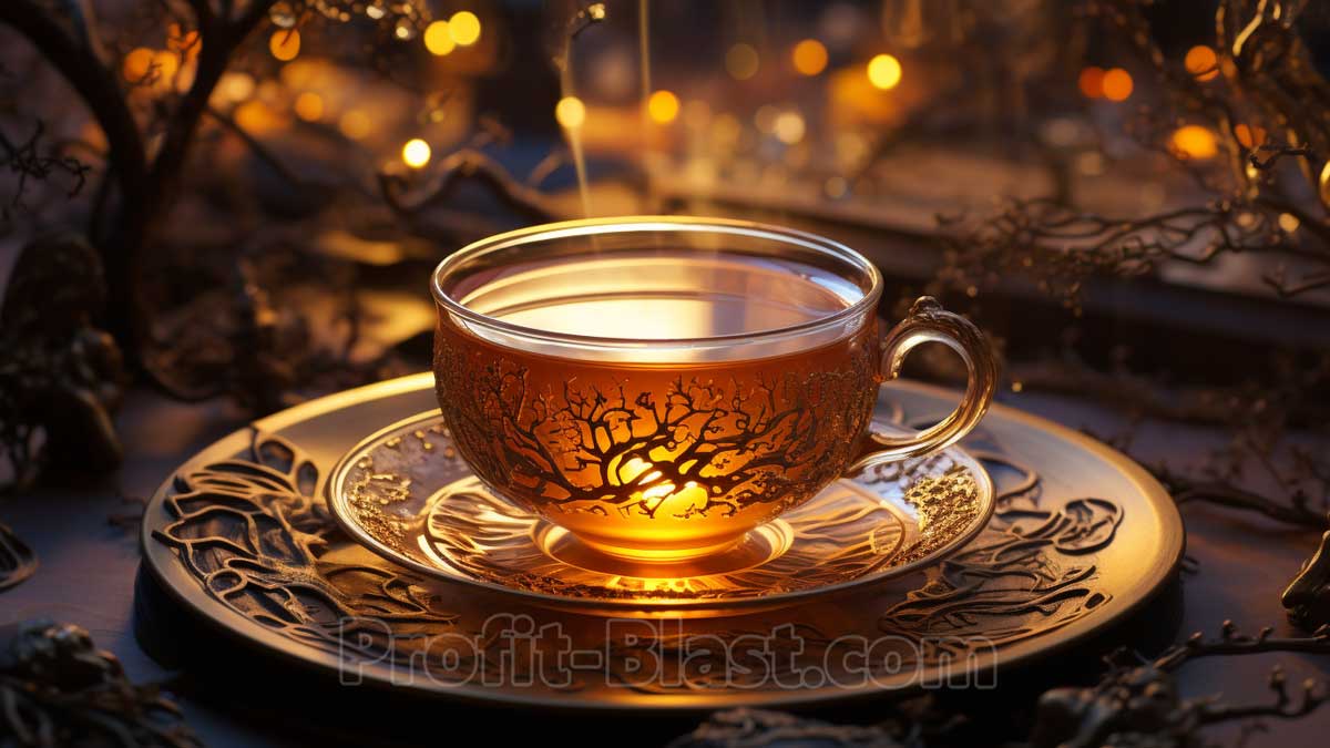 illuminated glass cup of steaming tea on saucer