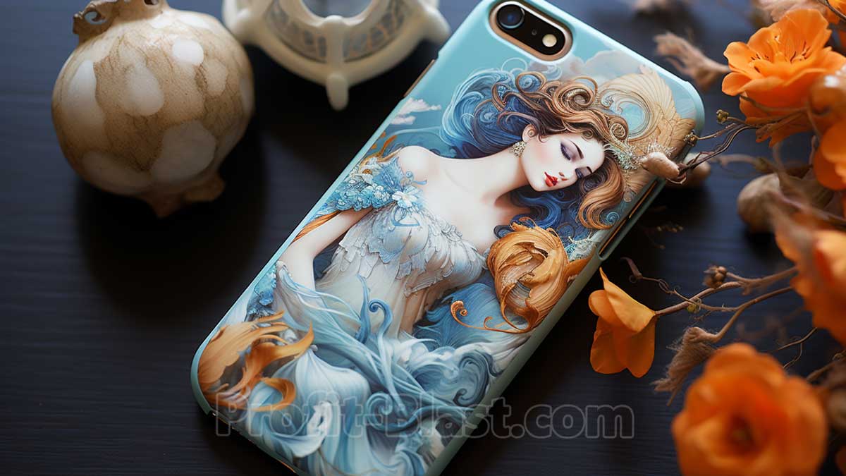 mobile phone case with amazing print design on table next to flowers