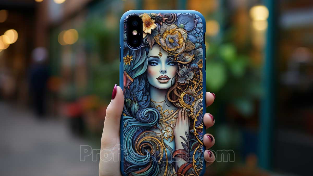 hand holding mobile phone case with amazing print design of woman