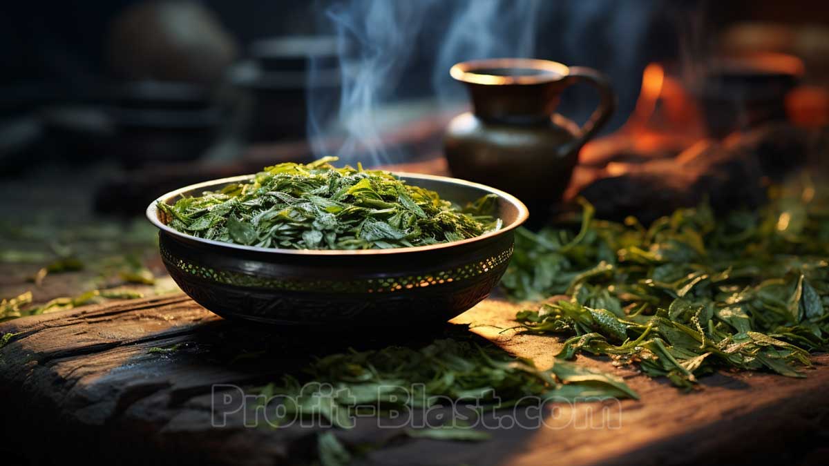 steaming tea leaves in a wooden bowl