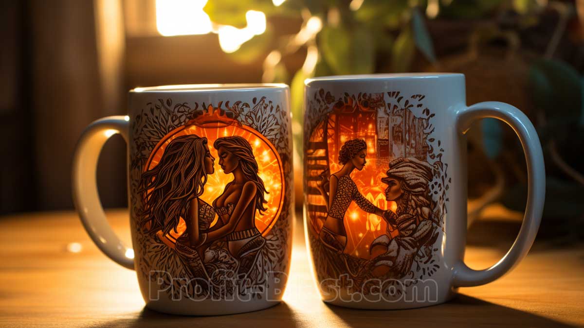 Two mugs with stylish print image of 2 women