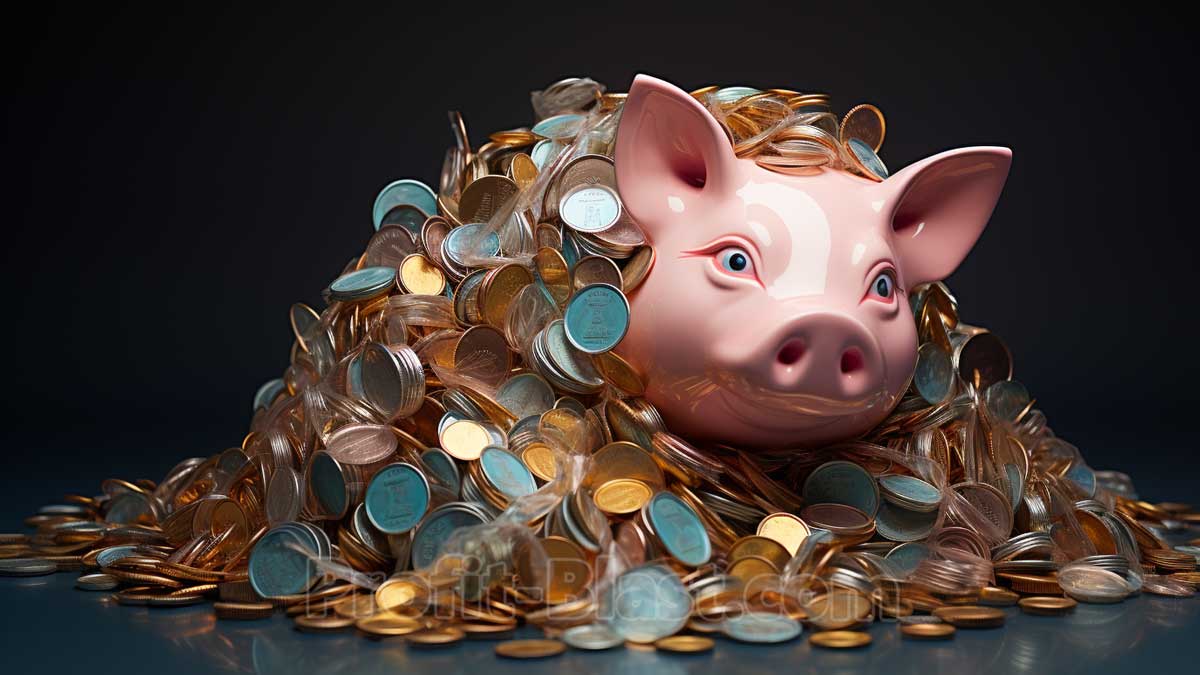 piggybank covered in many coins