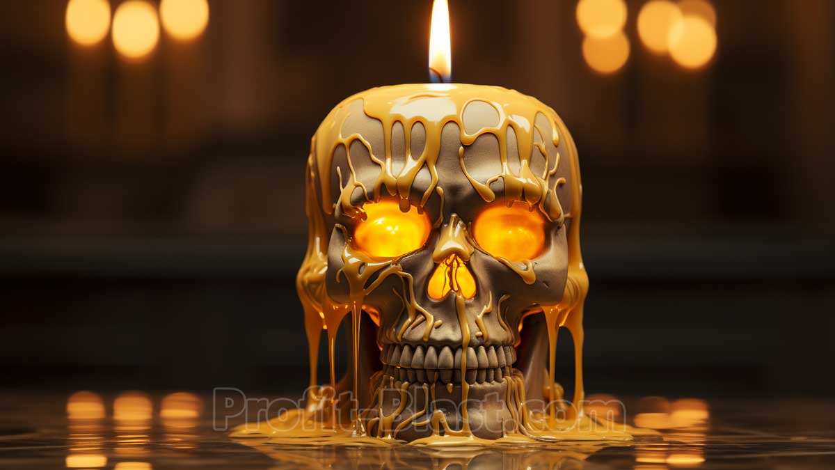 Kerze in Form eines Totenkopfes, über den Wachs läuft