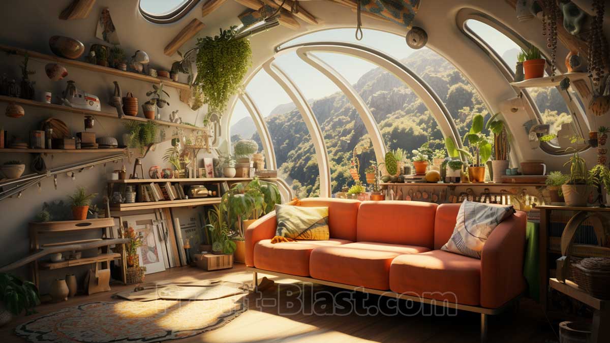 orange sofa in stylish rounded room
