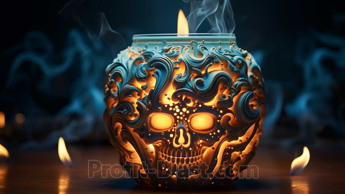 Blaue Kerze mit Totenkopf-Ornament