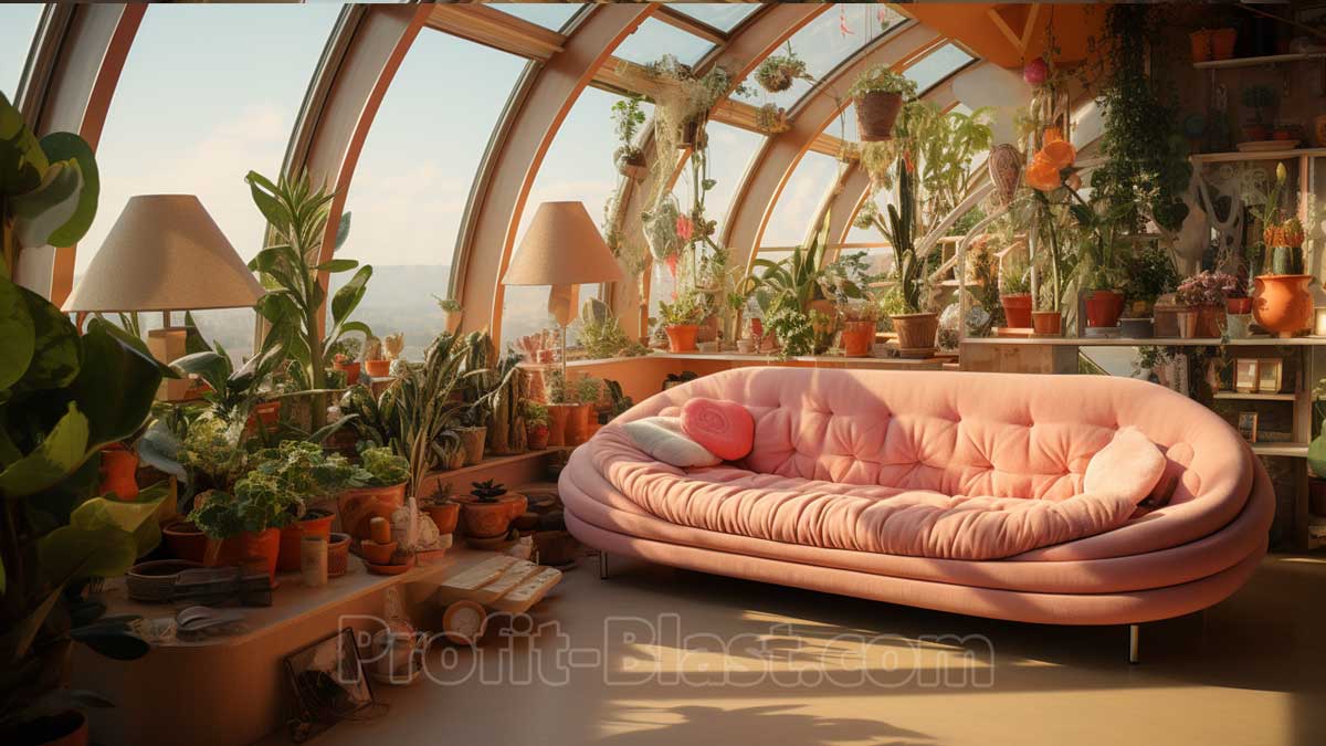 orange sofa in stylish room with plants