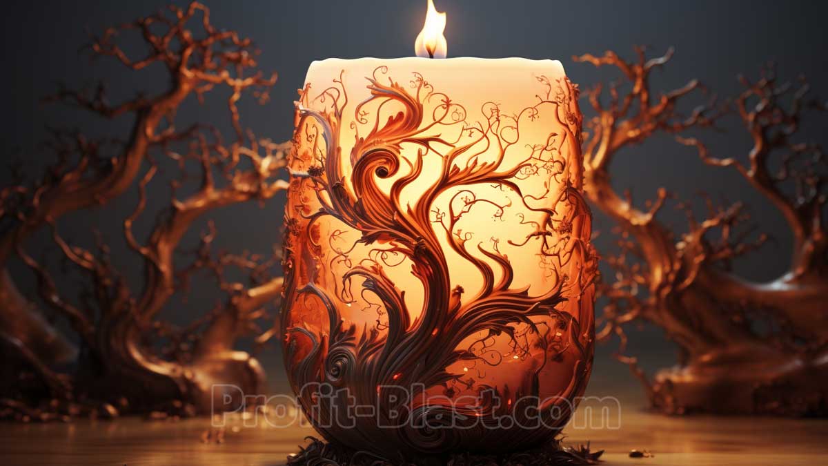 Kerze mit schönem Ornament und Bäumen im Hintergrund