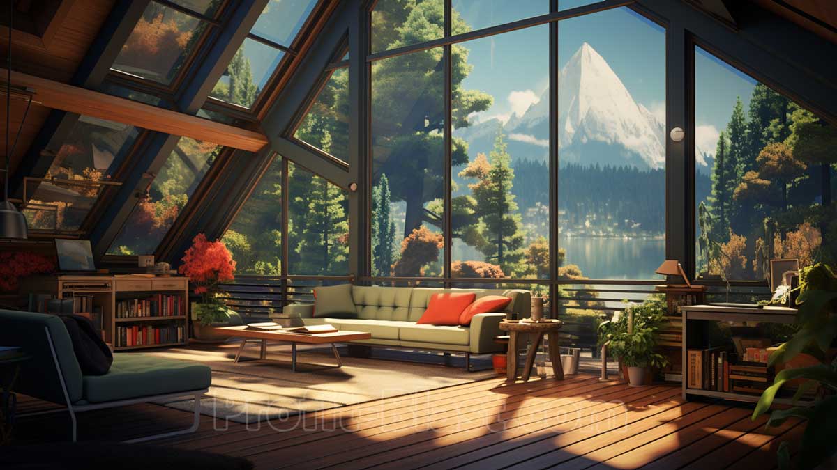 room with huge windows and mountain view