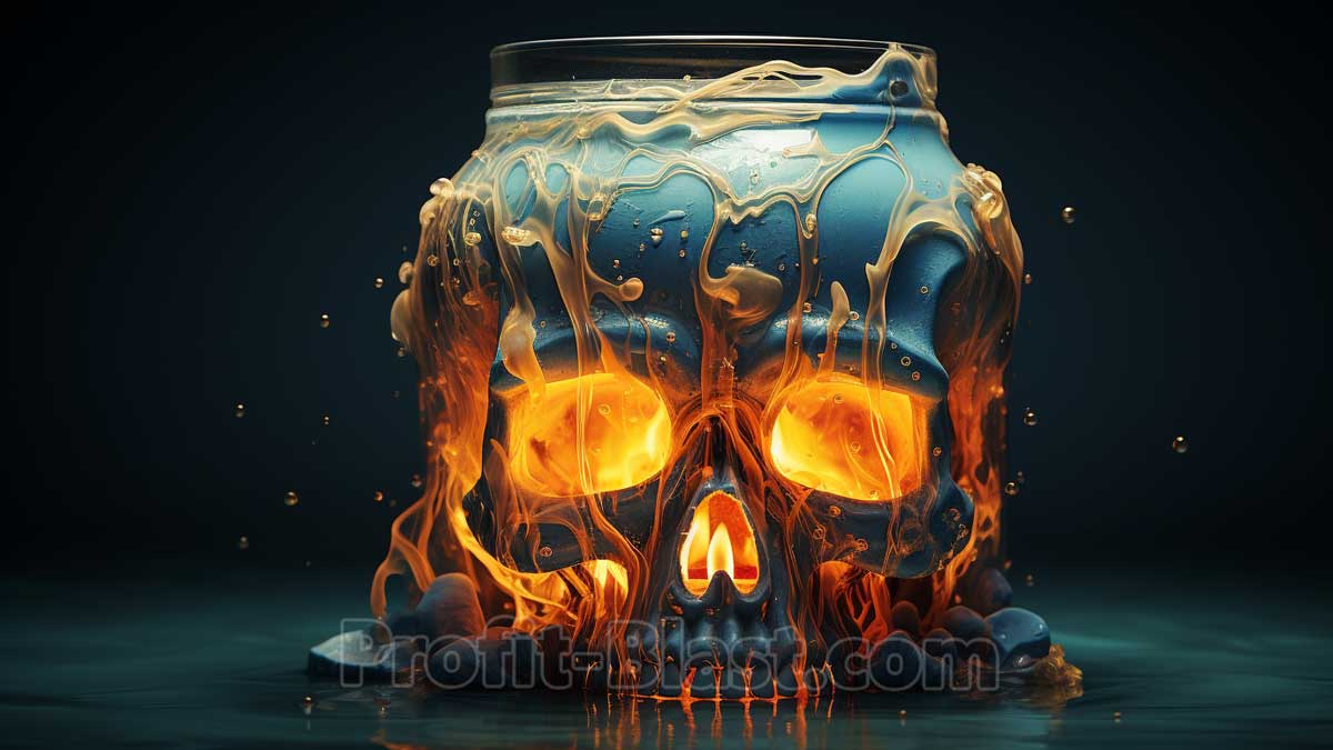 brennende blaue Kerze in Form eines Totenkopfes, über den Wachs läuft