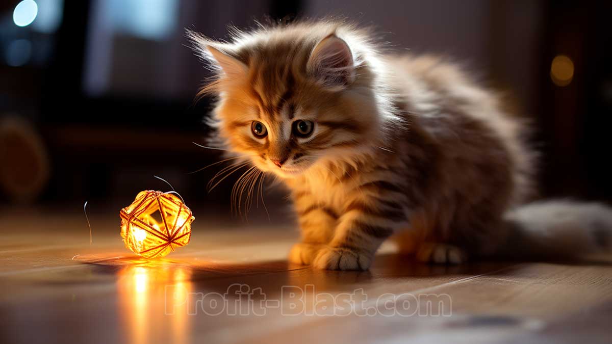 kotek bawiący się świecącą piłką