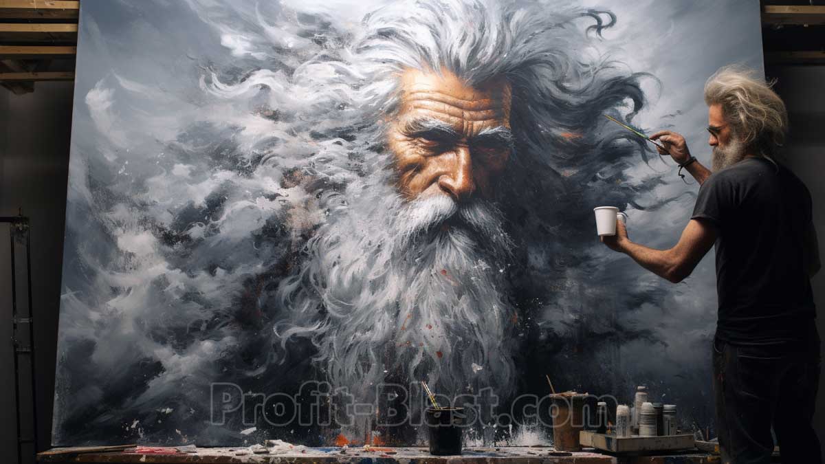 artist painting Godlike figure in sky with clouds