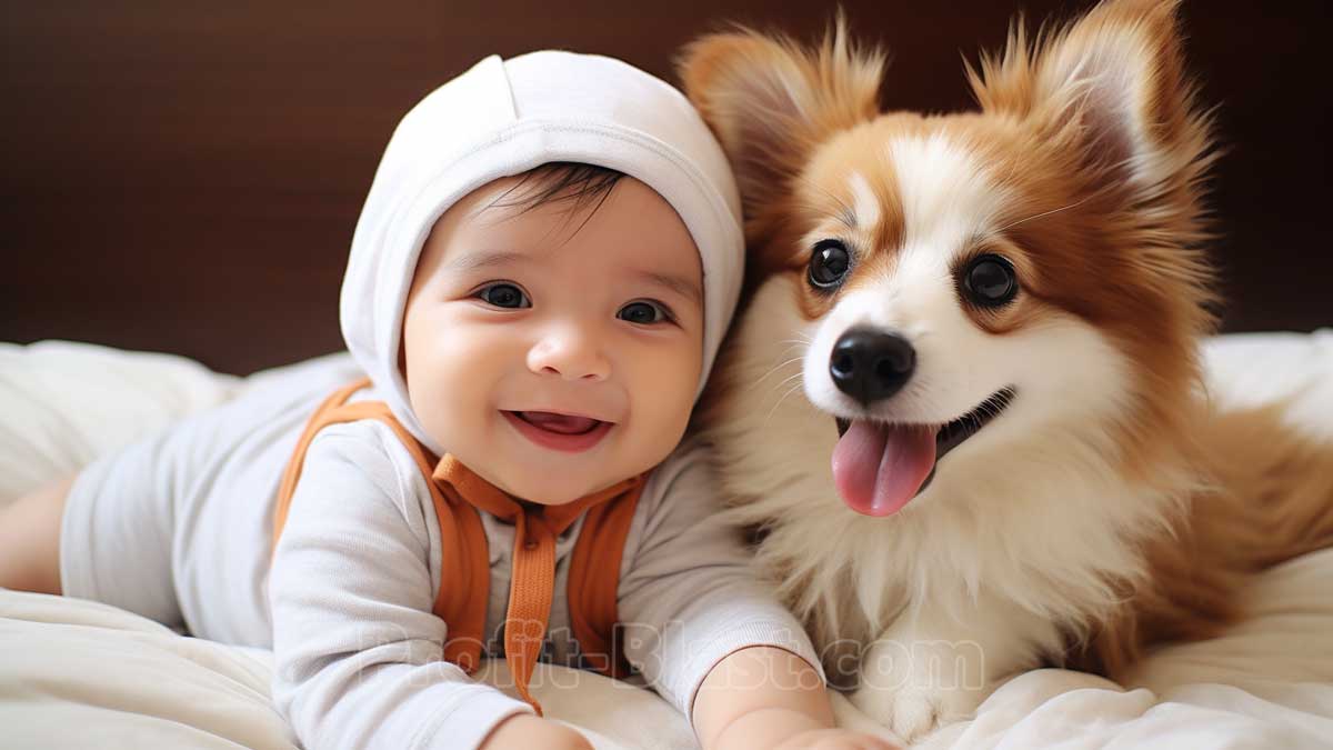Niedliches Baby und Hundewelpe