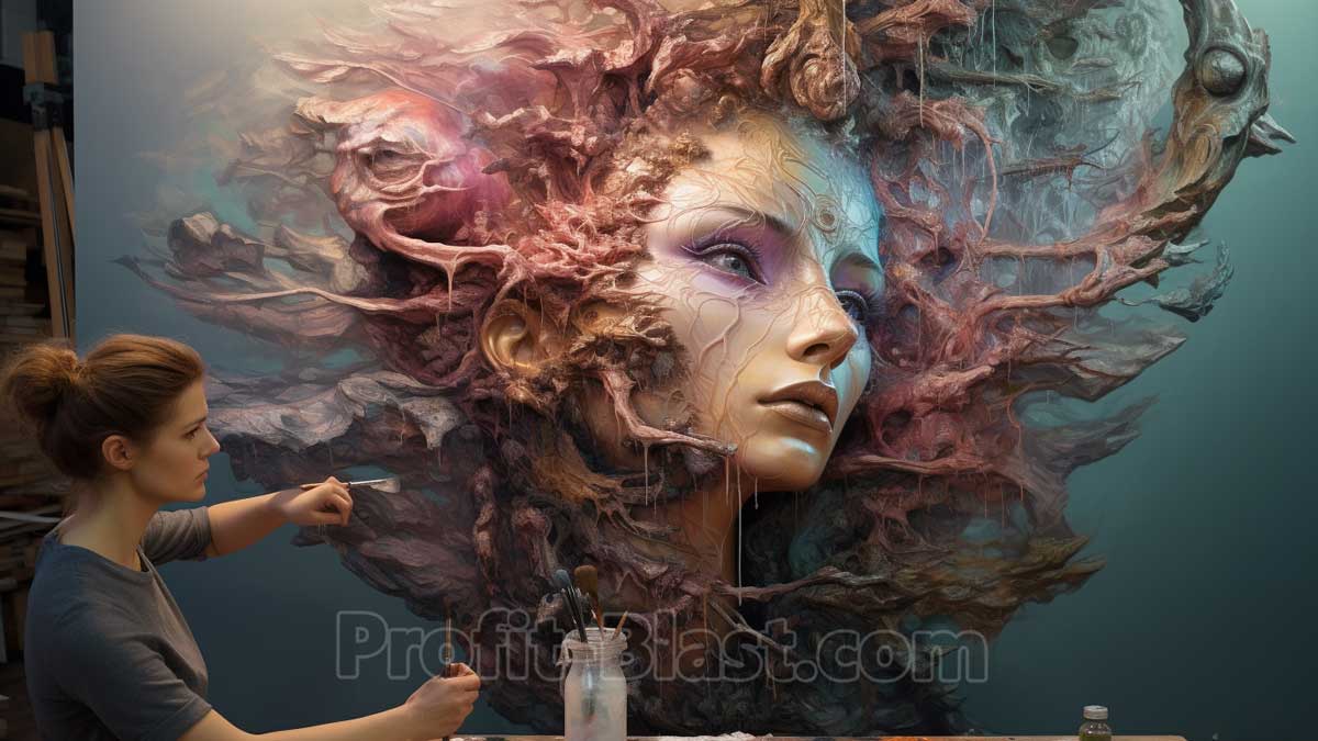 artist painting super stylish woman with liquid hair