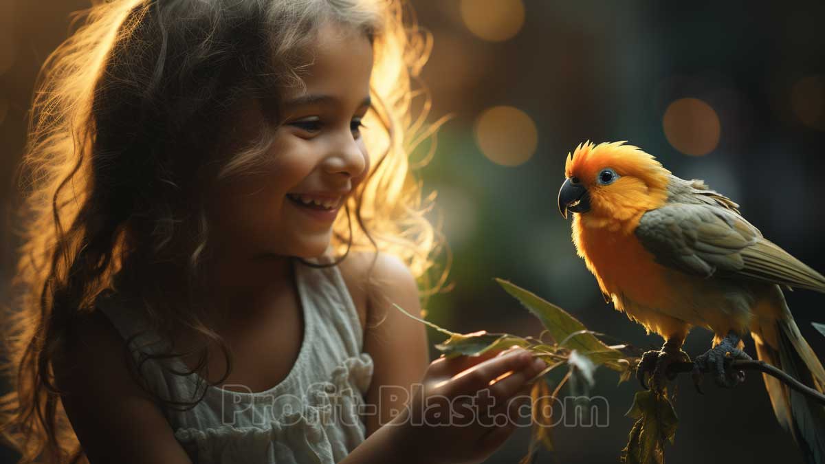 smiling girl with pet bird