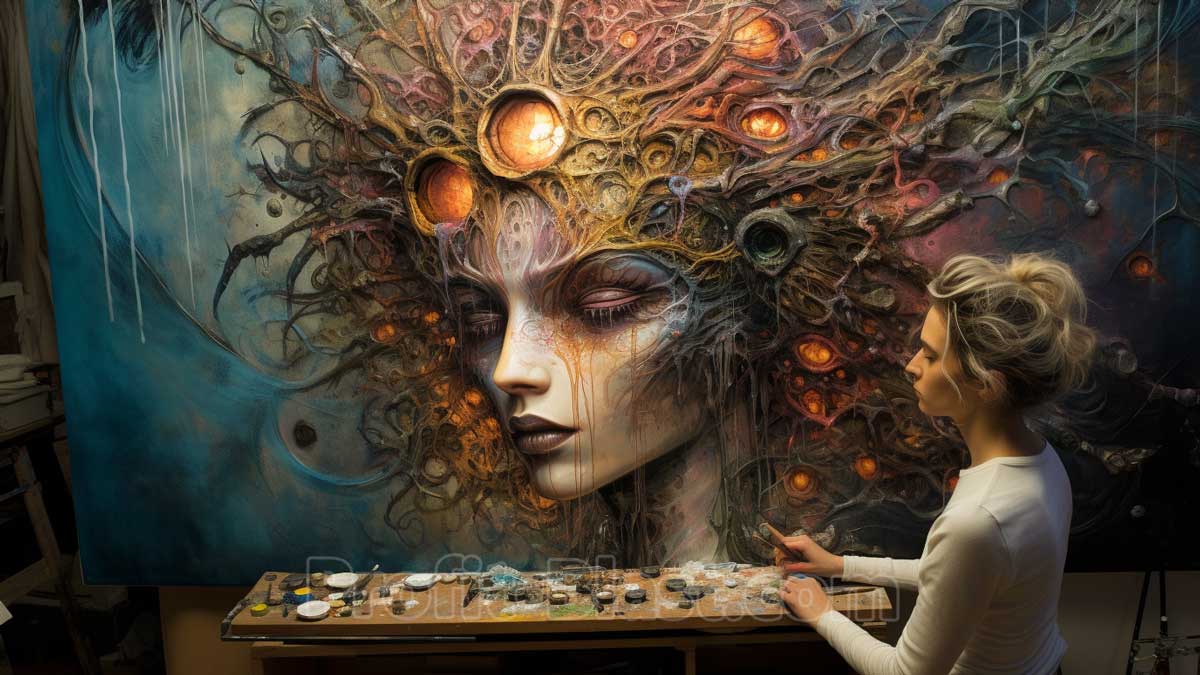 artist painting woman with stylish artificial hair