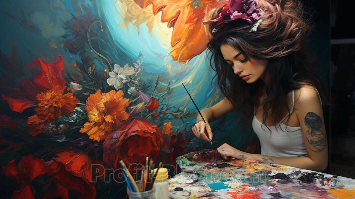 female artist painting - painting with flowers in background